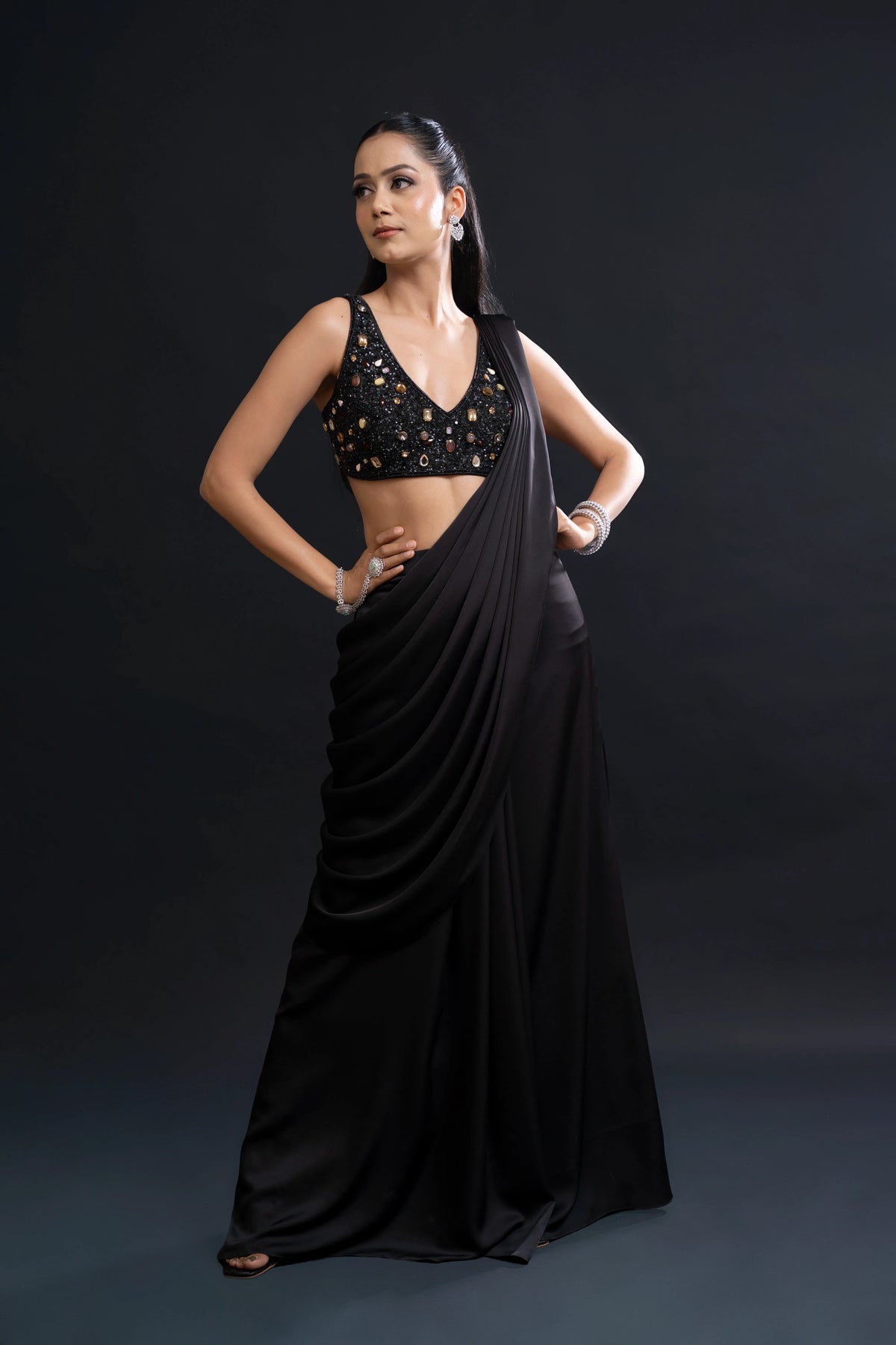 Black Drape Saree with Cutdana and Sequin Embellishment for Indo-Western Occasion Wear by Nidhi Mehra Couture