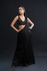 Black Drape Saree with Cutdana and Sequin Embellishment for Indo-Western Occasion Wear by Nidhi Mehra Couture