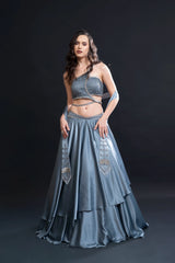 Dusty Blue Double Frilled Skirt Set with Sequin Embellishment for Indo-Western Occasion Wear by Nidhi Mehra Couture