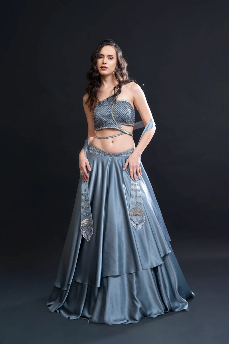 Dusty Blue Double Frilled Skirt Set with Sequin Embellishment for Indo-Western Occasion Wear by Nidhi Mehra Couture