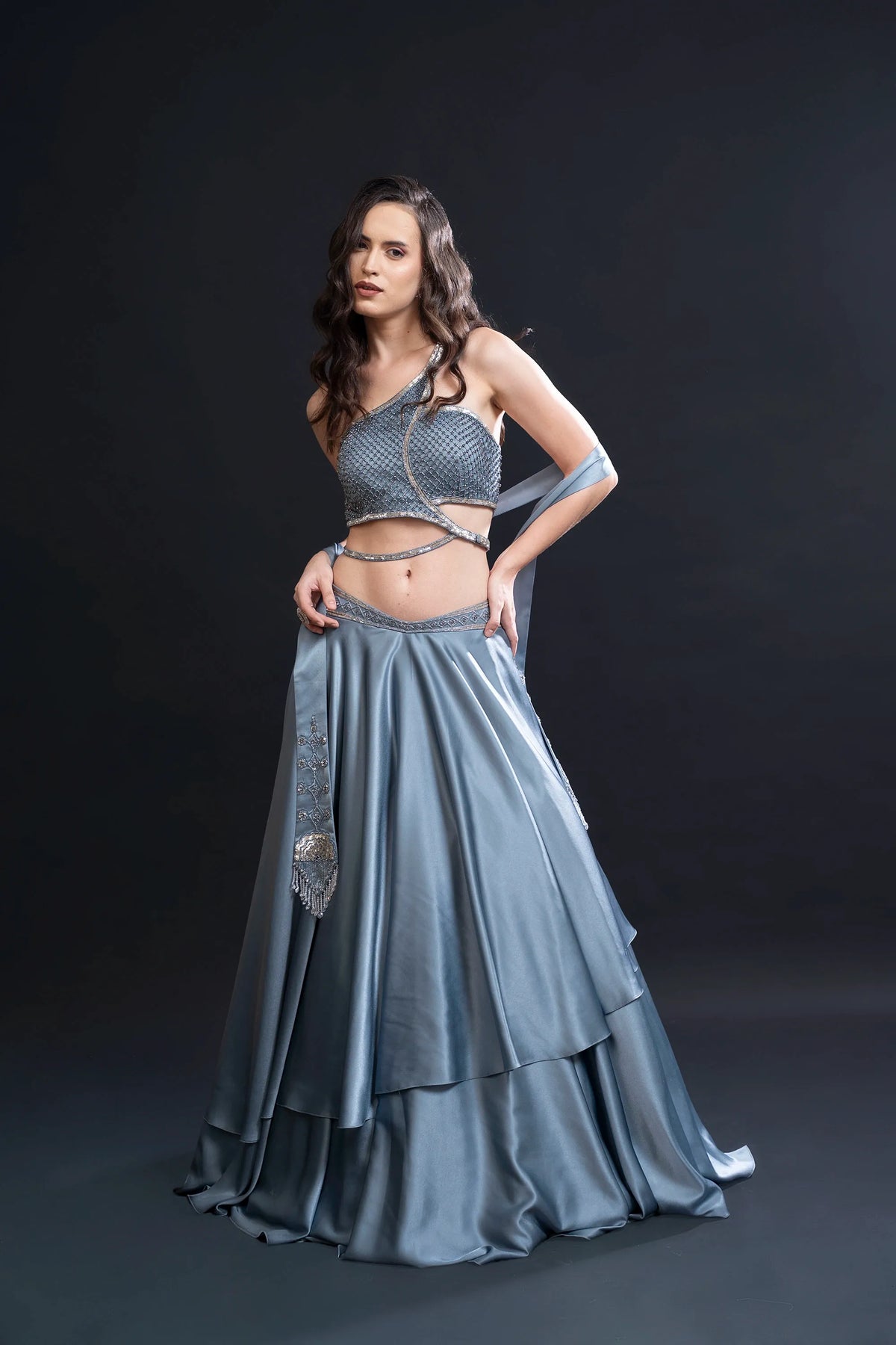 Dusty Blue Double Frilled Skirt Set with Sequin Embellishment for Indo-Western Occasion Wear by Nidhi Mehra Couture