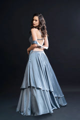 Dusty Blue Double Frilled Skirt Set with Sequin Embellishment for Indo-Western Occasion Wear by Nidhi Mehra Couture