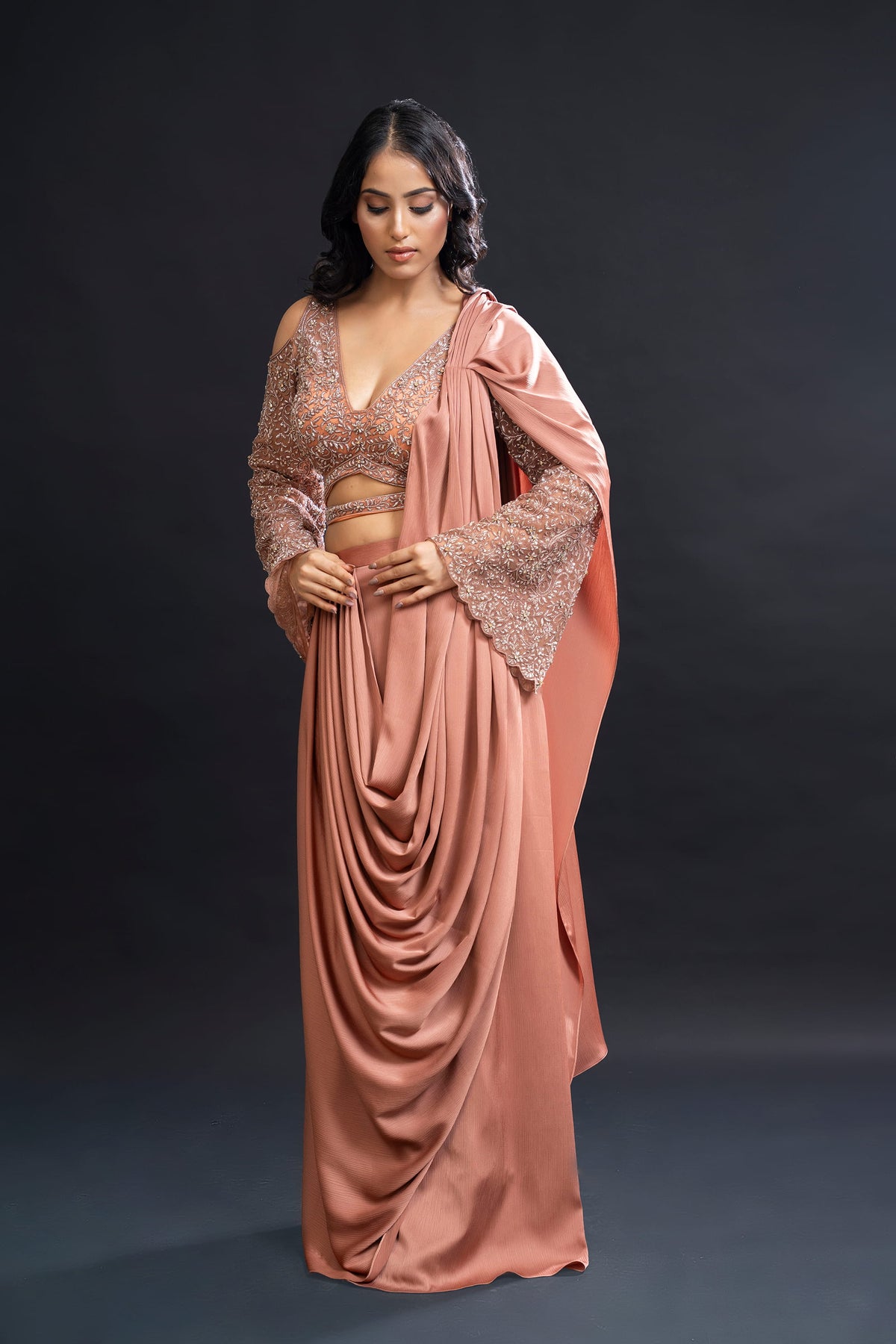 Dusty Peach Drape Saree with Sequin Embellishment for Indo-Western Occasion Wear by Nidhi Mehra Couture