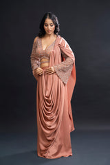 Dusty Peach Drape Saree with Sequin Embellishment for Indo-Western Occasion Wear by Nidhi Mehra Couture
