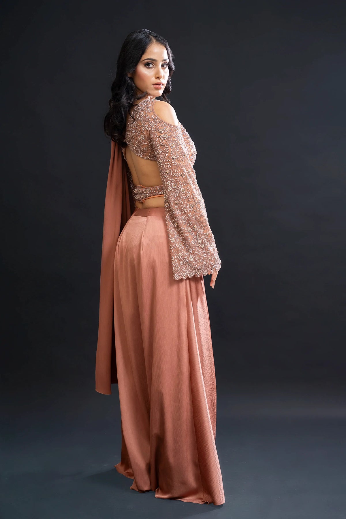 Dusty Peach Drape Saree with Sequin Embellishment for Indo-Western Occasion Wear by Nidhi Mehra Couture