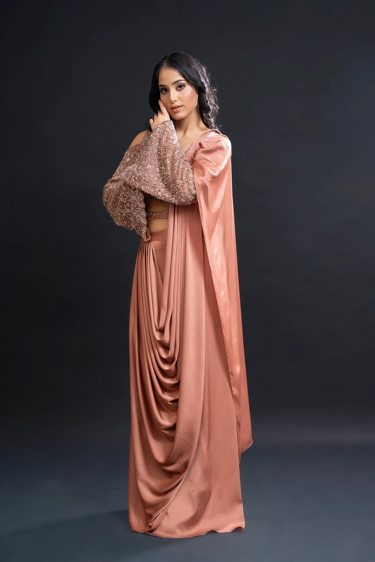 Dusty Peach Drape Saree with Sequin Embellishment for Indo-Western Occasion Wear by Nidhi Mehra Couture
