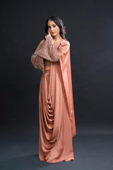 Dusty Peach Drape Saree with Sequin Embellishment for Indo-Western Occasion Wear by Nidhi Mehra Couture