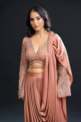 Dusty Peach Drape Saree with Sequin Embellishment for Indo-Western Occasion Wear by Nidhi Mehra Couture