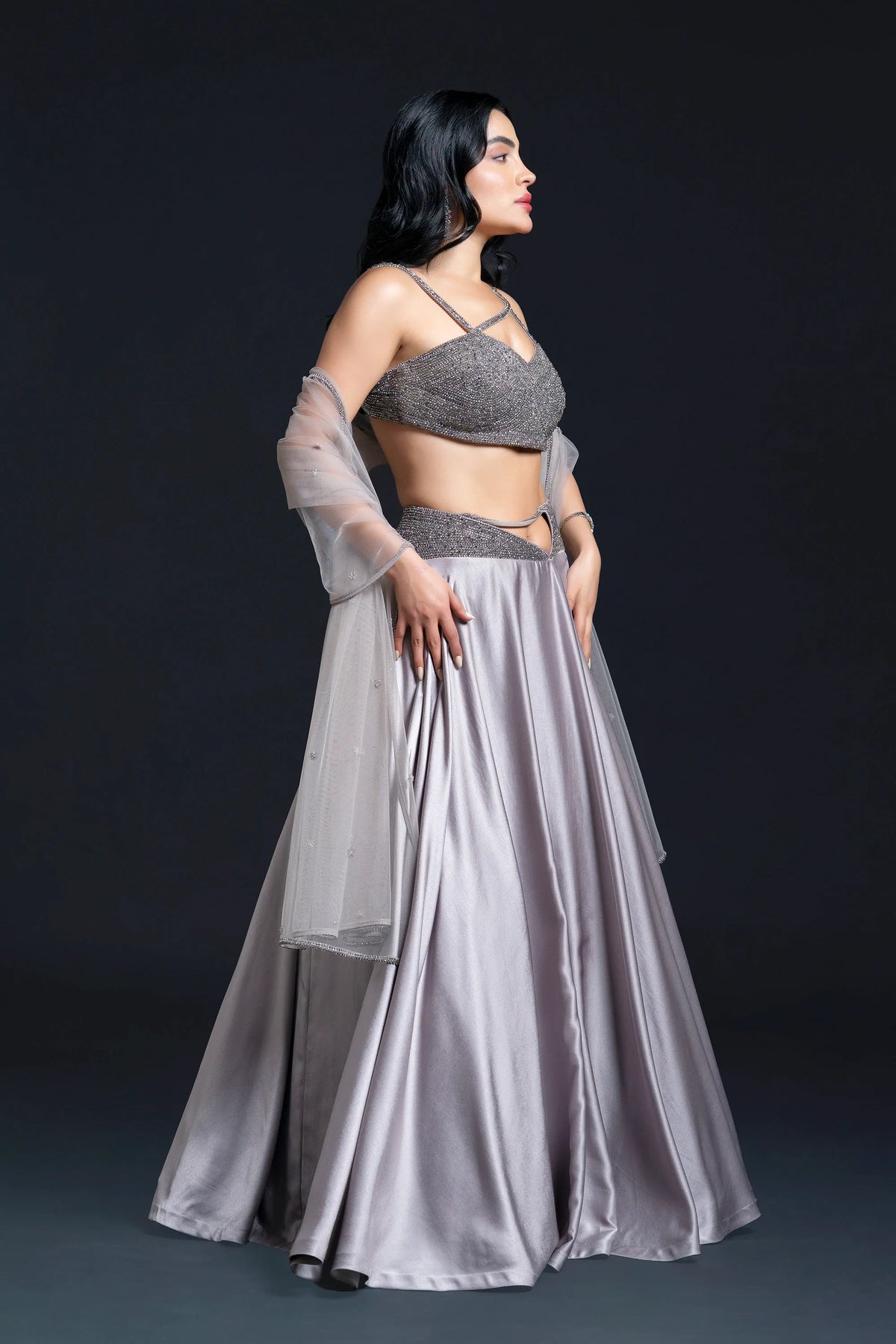 Grey Skirt Set for Indo-Western Occasion Wear by Nidhi Mehra Couture