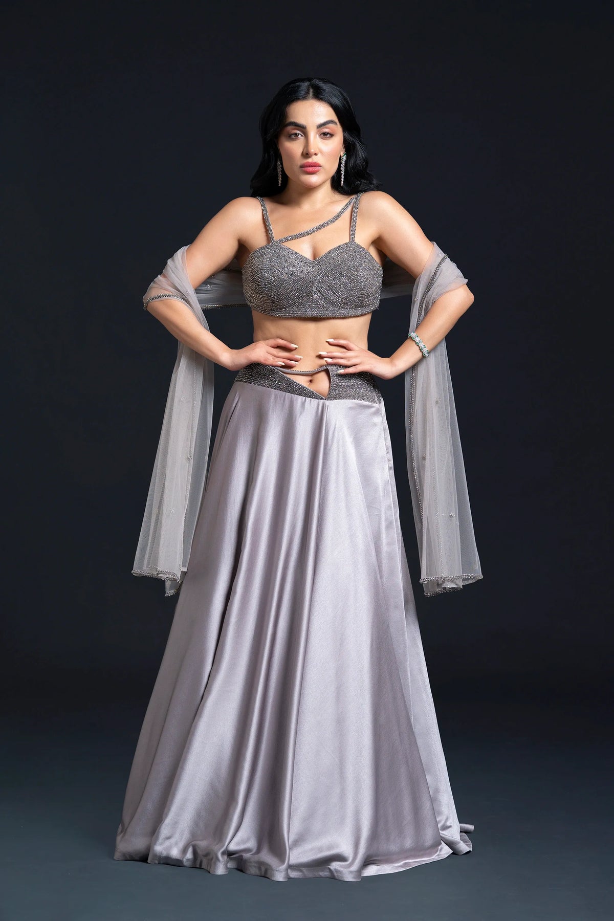 Grey Skirt Set for Indo-Western Occasion Wear by Nidhi Mehra Couture