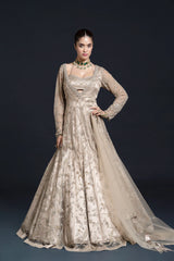 Light Olive Green Bridal Anarkali Set with Mirror Work and Dabka Embroidery for Sangeet and Reception Wear by Aahana's by Nidhi Mehra