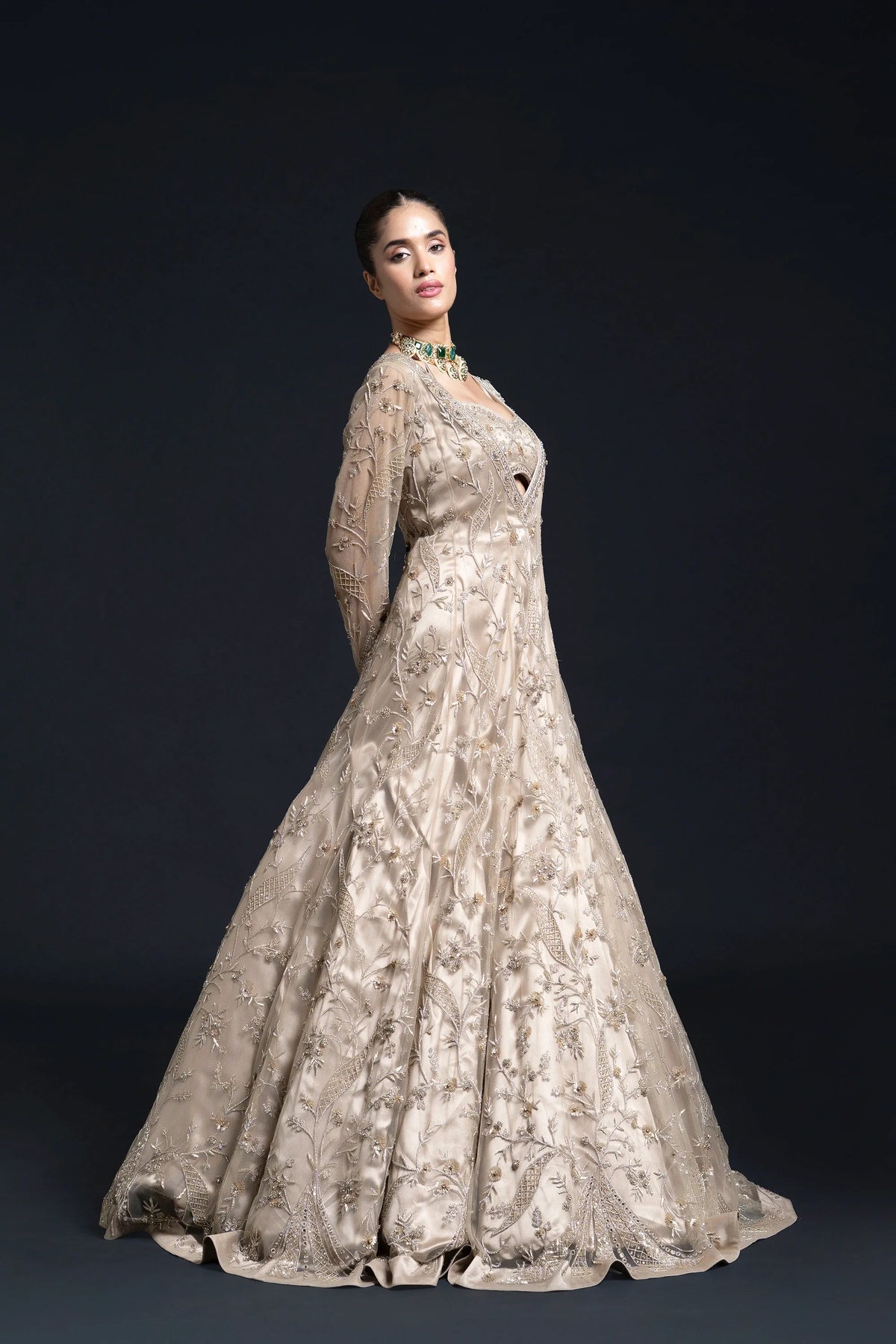 Light Olive Green Bridal Anarkali Set with Mirror Work and Dabka Embroidery for Sangeet and Reception Wear by Aahana's by Nidhi Mehra