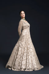 Light Olive Green Bridal Anarkali Set with Mirror Work and Dabka Embroidery for Sangeet and Reception Wear by Aahana's by Nidhi Mehra