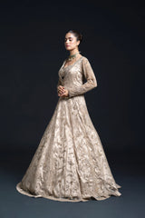 Light Olive Green Bridal Anarkali Set with Mirror Work and Dabka Embroidery for Sangeet and Reception Wear by Aahana's by Nidhi Mehra