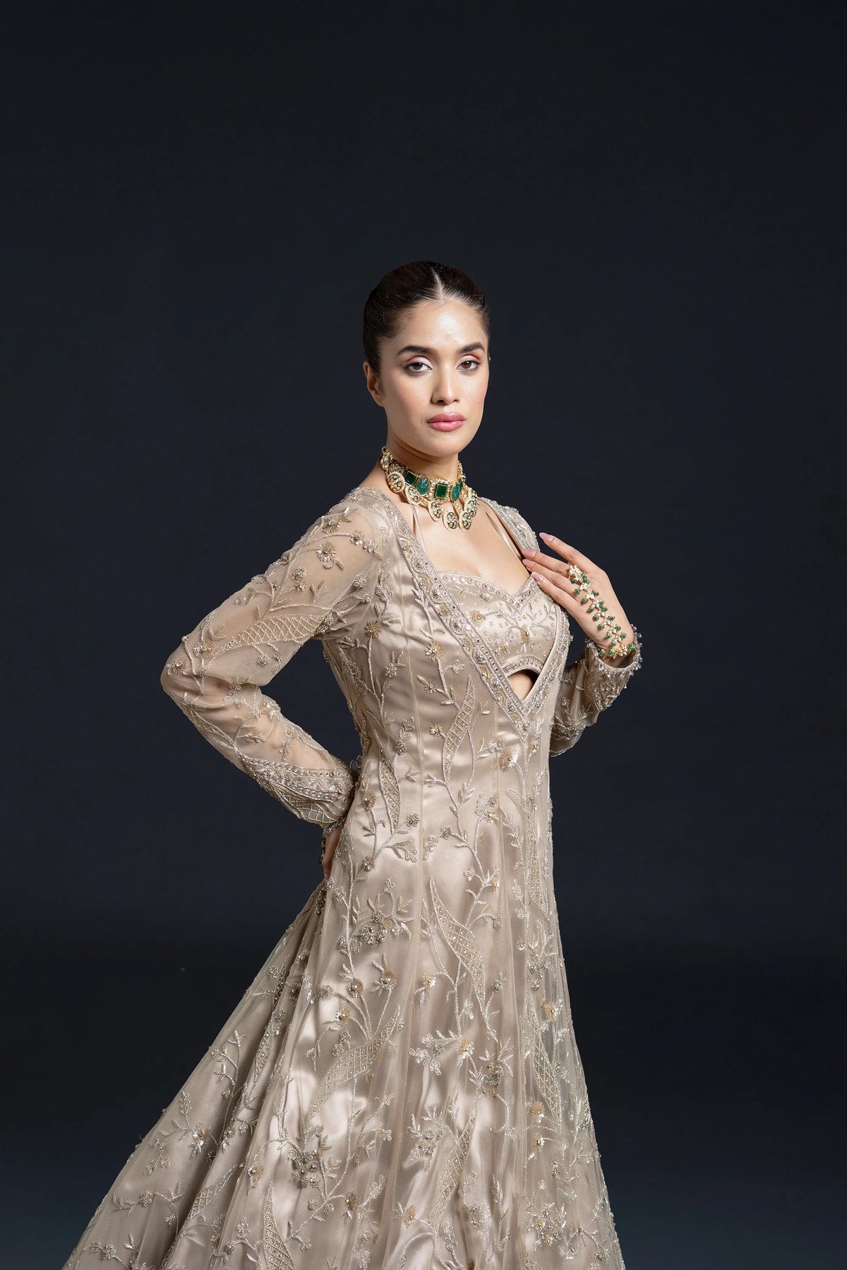 Light Olive Green Bridal Anarkali Set with Mirror Work and Dabka Embroidery for Sangeet and Reception Wear by Aahana's by Nidhi Mehra