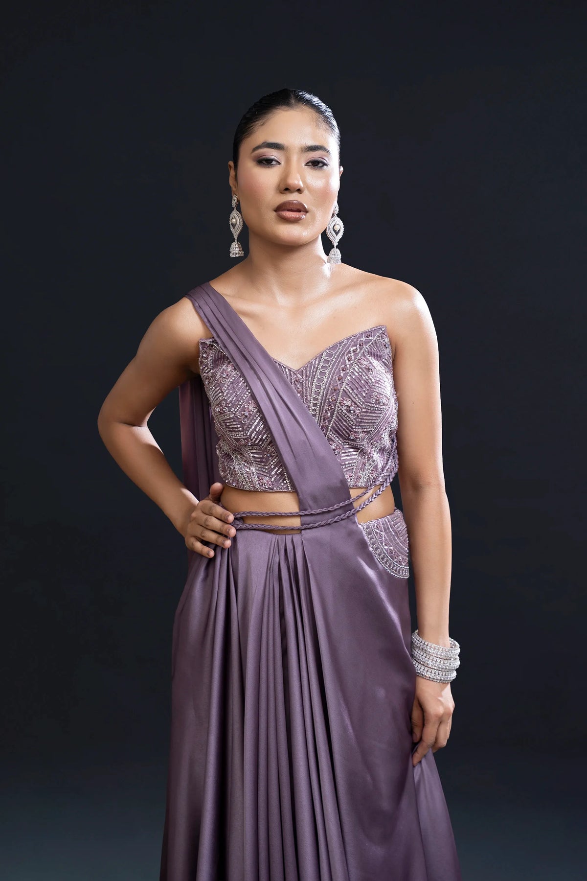 Mauve Drape Saree with Sequin Embellishment for Indo-Western Occasion Wear by Nidhi Mehra Couture