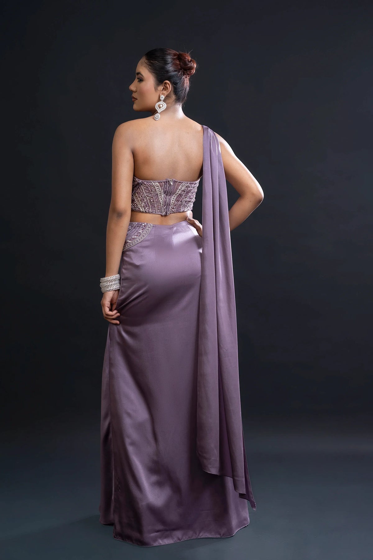 Mauve Drape Saree with Sequin Embellishment for Indo-Western Occasion Wear by Nidhi Mehra Couture