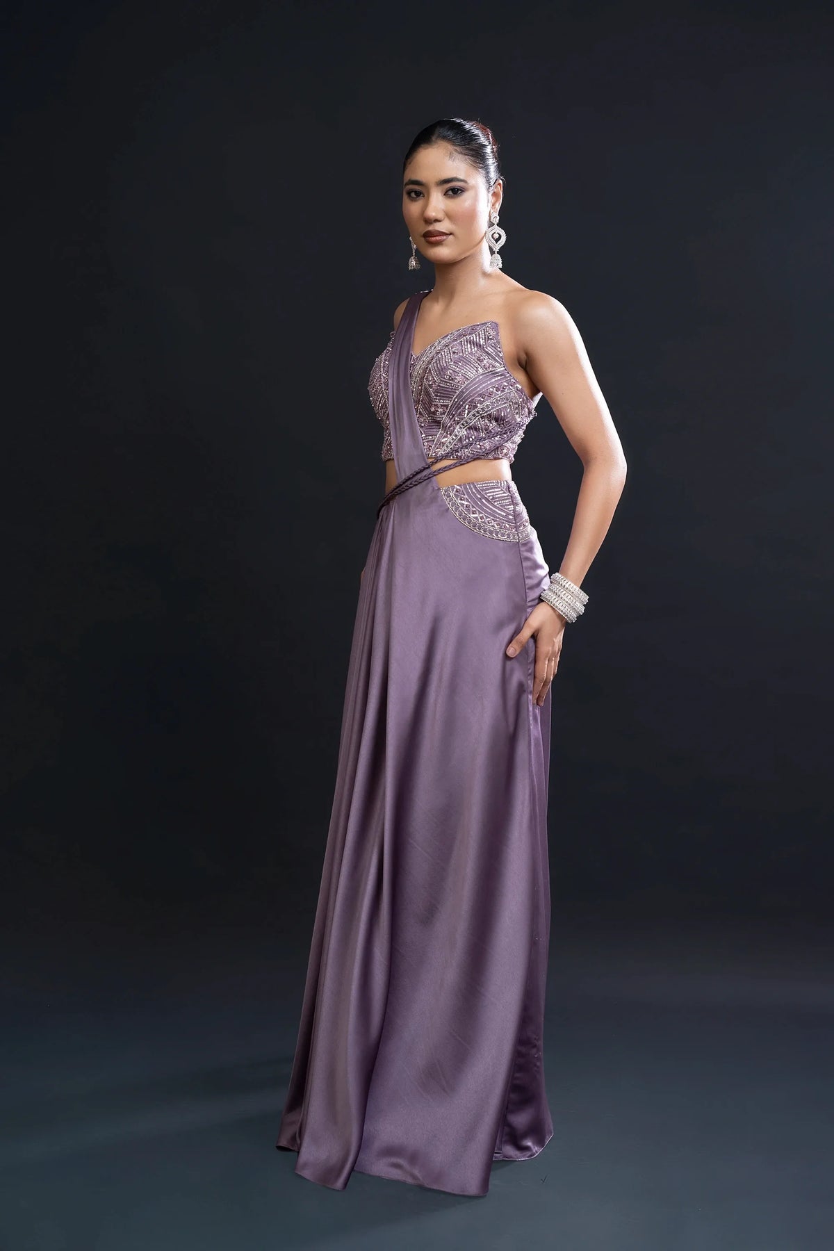 Mauve Drape Saree with Sequin Embellishment for Indo-Western Occasion Wear by Nidhi Mehra Couture