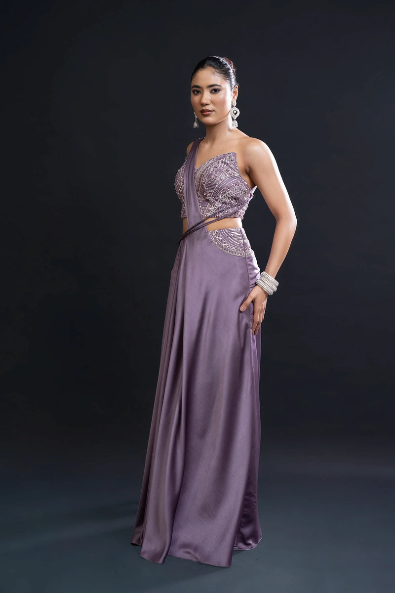 Mauve Drape Saree with Sequin Embellishment for Indo-Western Occasion Wear by Nidhi Mehra Couture