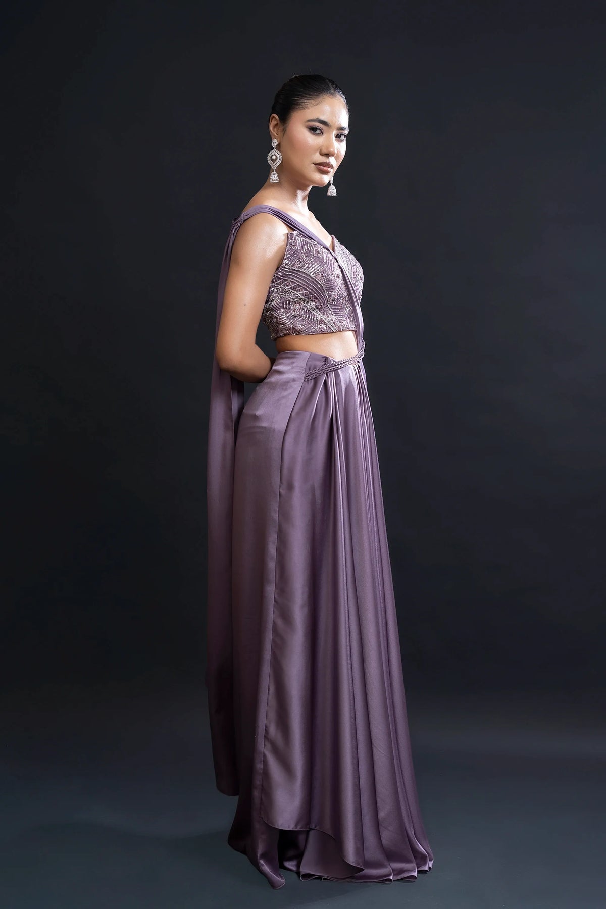 Mauve Drape Saree with Sequin Embellishment for Indo-Western Occasion Wear by Nidhi Mehra Couture