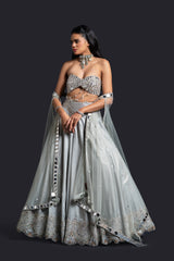 Mint Green Bridal Cape Lehenga with Mirror Work, Dabka and Sequin Embroidery for Reception Wear by Aahana's by Nidhi Mehra