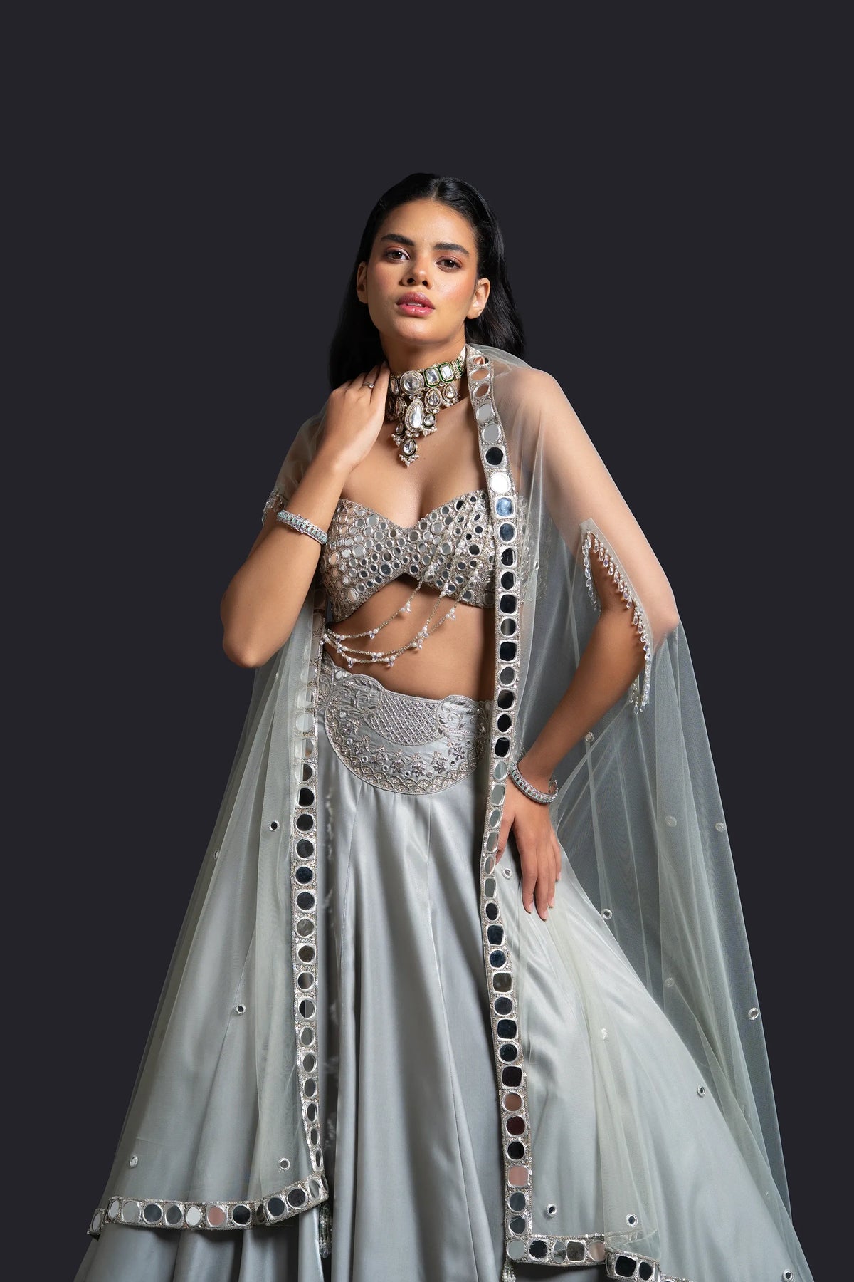 Mint Green Bridal Cape Lehenga with Mirror Work, Dabka and Sequin Embroidery for Reception Wear by Aahana's by Nidhi Mehra