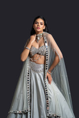 Mint Green Bridal Cape Lehenga with Mirror Work, Dabka and Sequin Embroidery for Reception Wear by Aahana's by Nidhi Mehra