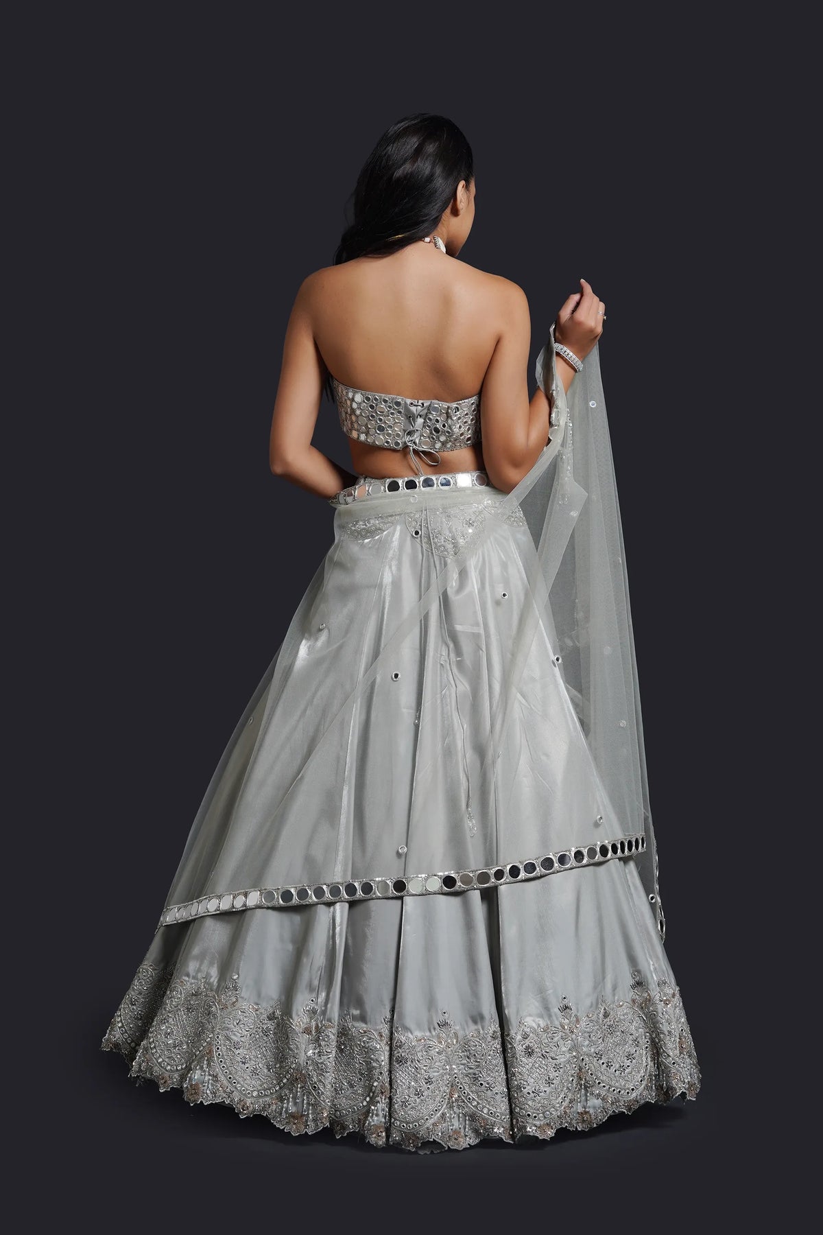 Mint Green Bridal Cape Lehenga with Mirror Work, Dabka and Sequin Embroidery for Reception Wear by Aahana's by Nidhi Mehra