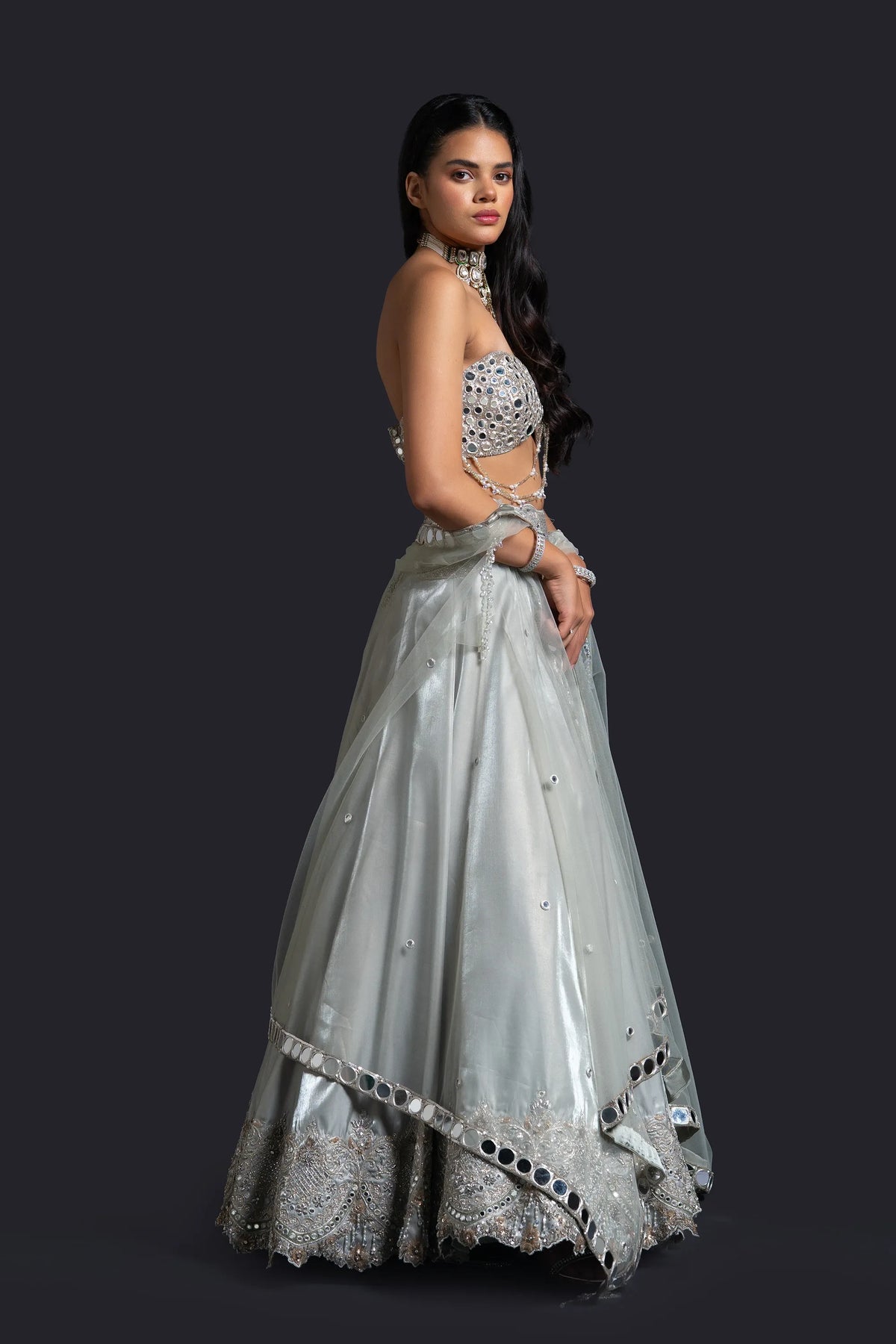 Mint Green Bridal Cape Lehenga with Mirror Work, Dabka and Sequin Embroidery for Reception Wear by Aahana's by Nidhi Mehra