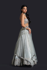Mint Green Bridal Cape Lehenga with Mirror Work, Dabka and Sequin Embroidery for Reception Wear by Aahana's by Nidhi Mehra
