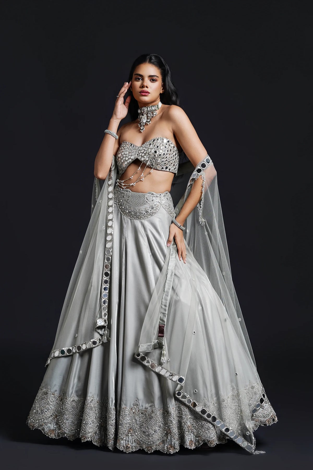 Mint Green Bridal Cape Lehenga with Mirror Work, Dabka and Sequin Embroidery for Reception Wear by Aahana's by Nidhi Mehra