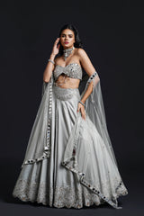 Mint Green Bridal Cape Lehenga with Mirror Work, Dabka and Sequin Embroidery for Reception Wear by Aahana's by Nidhi Mehra