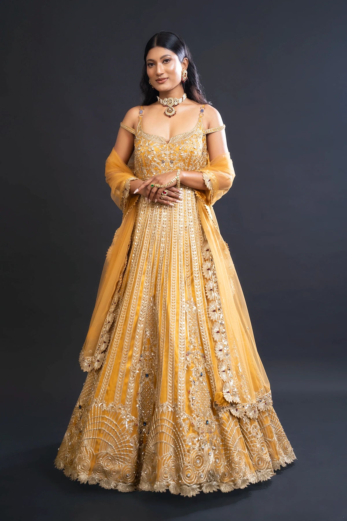 Mustard Yellow Bridal Anarkali Set with Dabka and Sequin Embroidery for Sangeet and Reception Wear by Aahana's by Nidhi Mehra