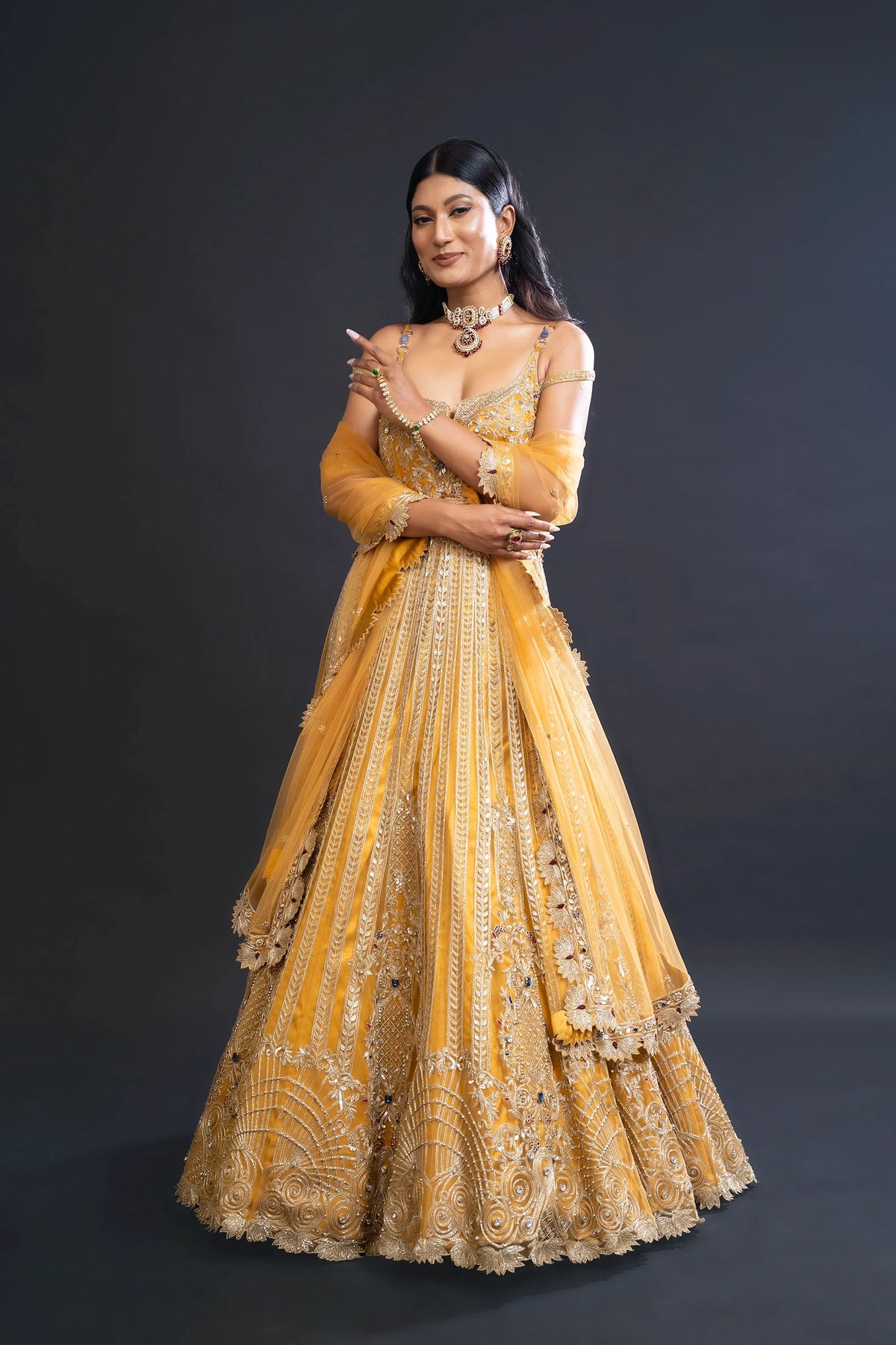 Mustard Yellow Bridal Anarkali Set with Dabka and Sequin Embroidery for Sangeet and Reception Wear by Aahana's by Nidhi Mehra