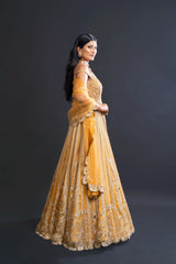 Mustard Yellow Bridal Anarkali Set with Dabka and Sequin Embroidery for Sangeet and Reception Wear by Aahana's by Nidhi Mehra