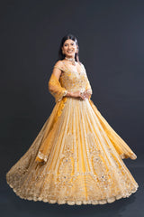 Mustard Yellow Bridal Anarkali Set with Dabka and Sequin Embroidery for Sangeet and Reception Wear by Aahana's by Nidhi Mehra