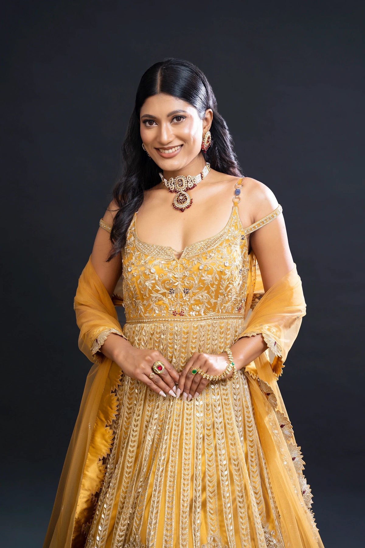 Mustard Yellow Bridal Anarkali Set with Dabka and Sequin Embroidery for Sangeet and Reception Wear by Aahana's by Nidhi Mehra