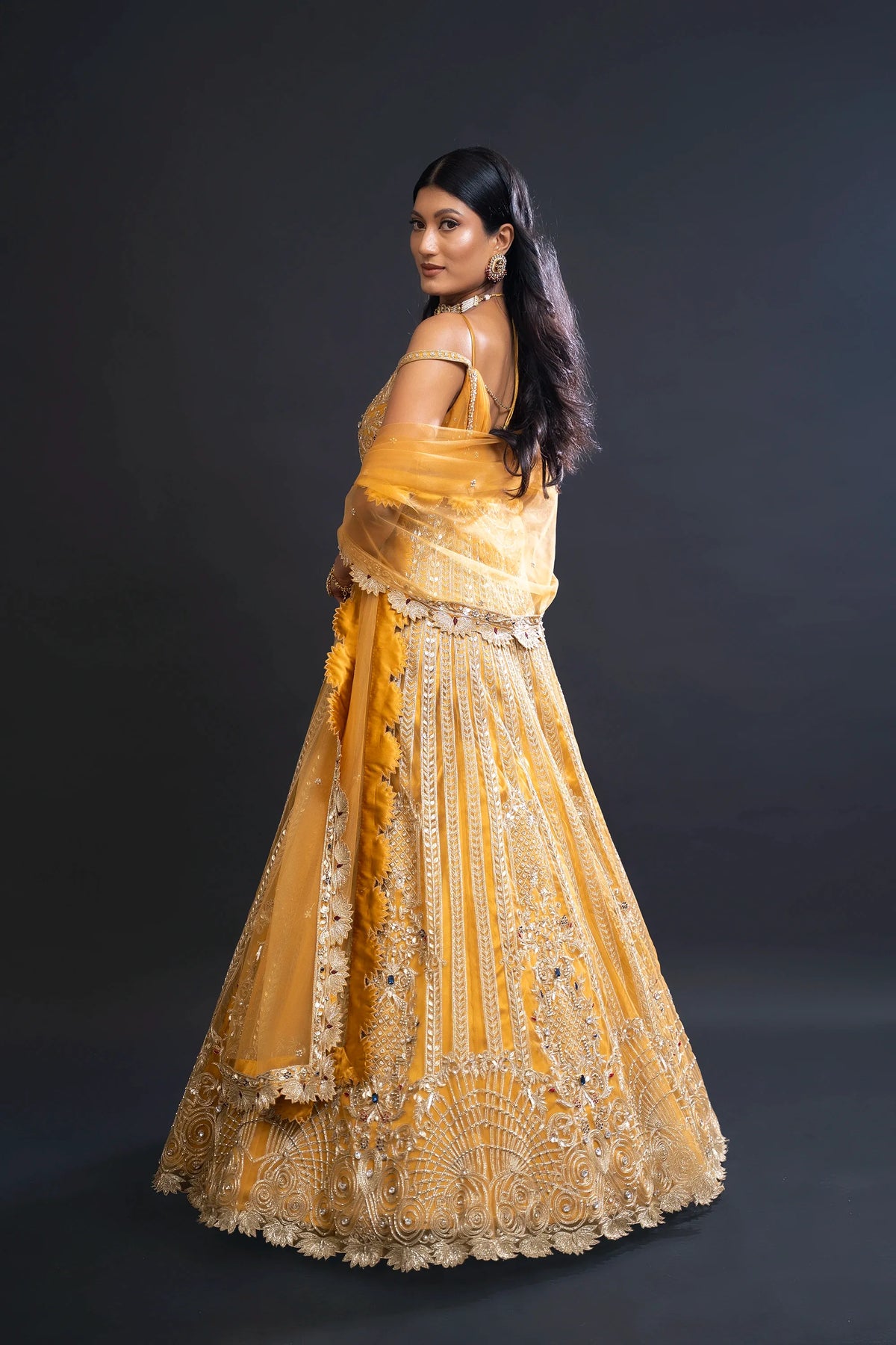 Mustard Yellow Bridal Anarkali Set with Dabka and Sequin Embroidery for Sangeet and Reception Wear by Aahana's by Nidhi Mehra