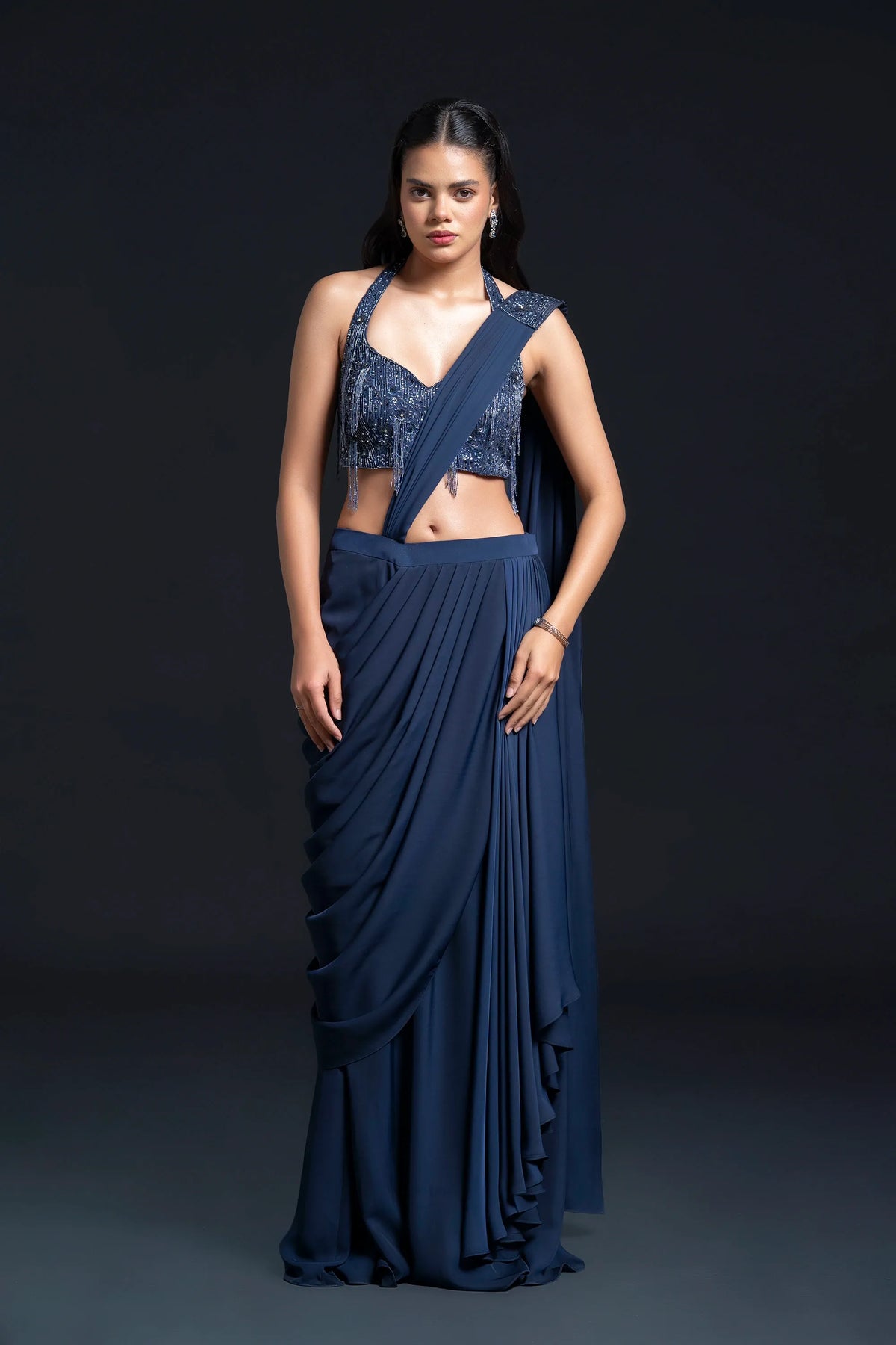 Navy Blue Drape Saree with Sequin Embellishment for Indo-Western Occasion Wear by Nidhi Mehra Couture