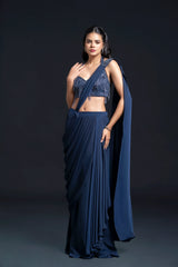 Navy Blue Drape Saree with Sequin Embellishment for Indo-Western Occasion Wear by Nidhi Mehra Couture