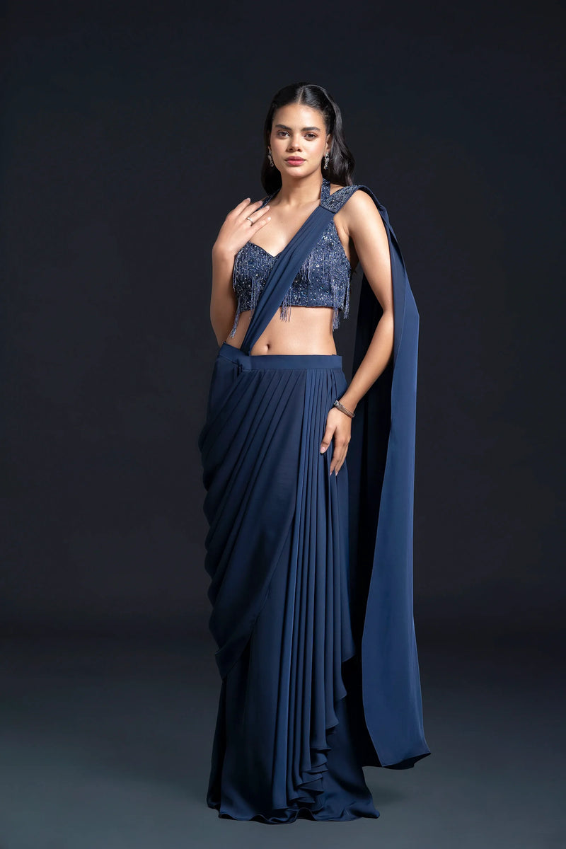 Navy Blue Drape Saree with Sequin Embellishment for Indo-Western Occasion Wear by Nidhi Mehra Couture