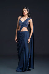 Navy Blue Drape Saree with Sequin Embellishment for Indo-Western Occasion Wear by Nidhi Mehra Couture