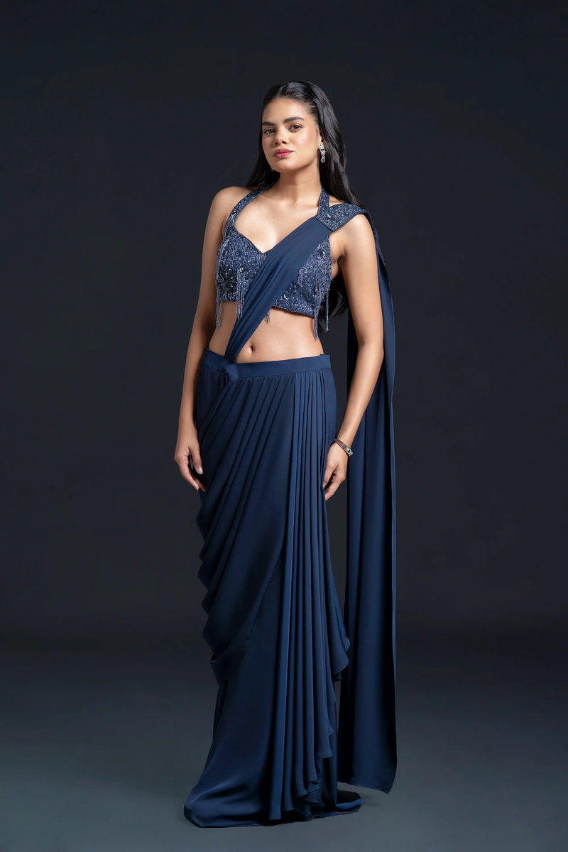 Navy Blue Drape Saree with Sequin Embellishment for Indo-Western Occasion Wear by Nidhi Mehra Couture