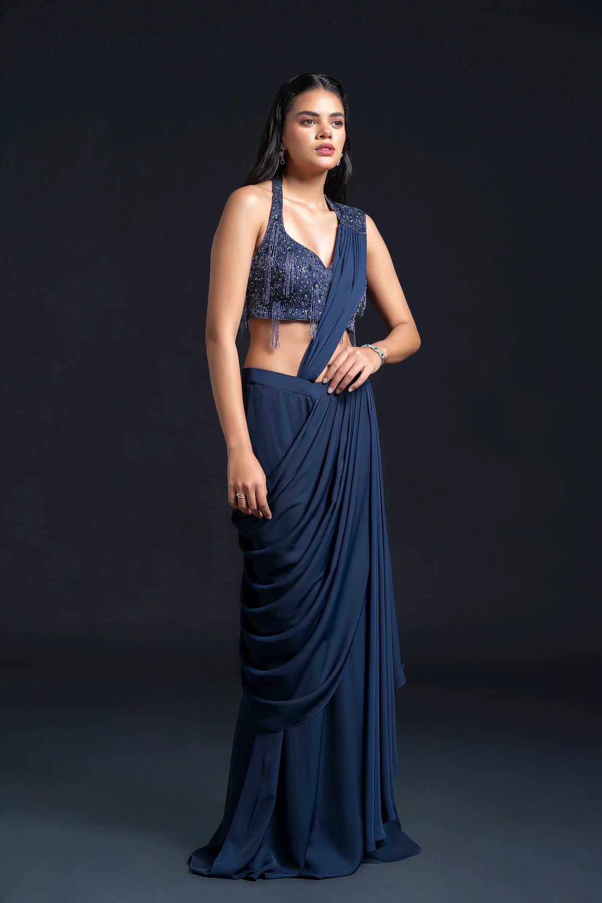 Navy Blue Drape Saree with Sequin Embellishment for Indo-Western Occasion Wear by Nidhi Mehra Couture