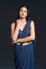 Navy Blue Drape Saree with Sequin Embellishment for Indo-Western Occasion Wear by Nidhi Mehra Couture