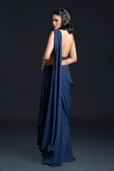 Navy Blue Drape Saree with Sequin Embellishment for Indo-Western Occasion Wear by Nidhi Mehra Couture