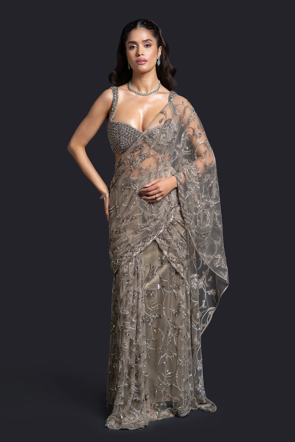 Olive Green Drape Saree with Sequin Embellishment for Indo-Western Occasion Wear by Nidhi Mehra Couture