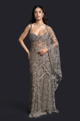 Olive Green Drape Saree with Sequin Embellishment for Indo-Western Occasion Wear by Nidhi Mehra Couture