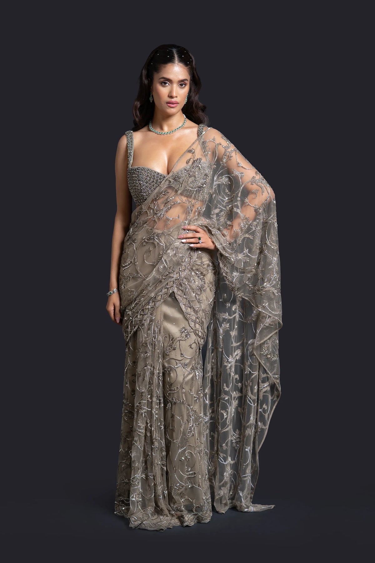 Olive Green Drape Saree
