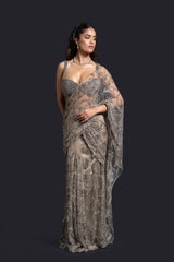 Olive Green Drape Saree with Sequin Embellishment for Indo-Western Occasion Wear by Nidhi Mehra Couture